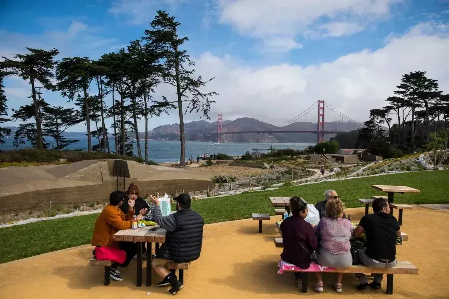 People having a picnic in the Presidio. 